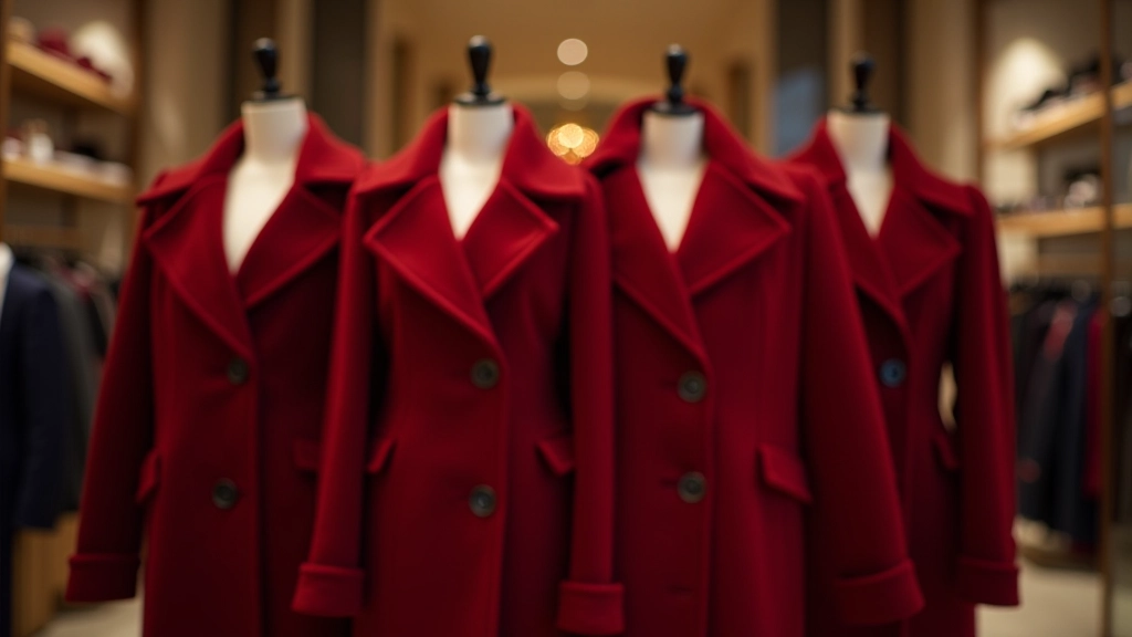 Deep burgundy winter coats and evening wear displayed on elegant mannequins in luxury boutique with warm ambient lighting