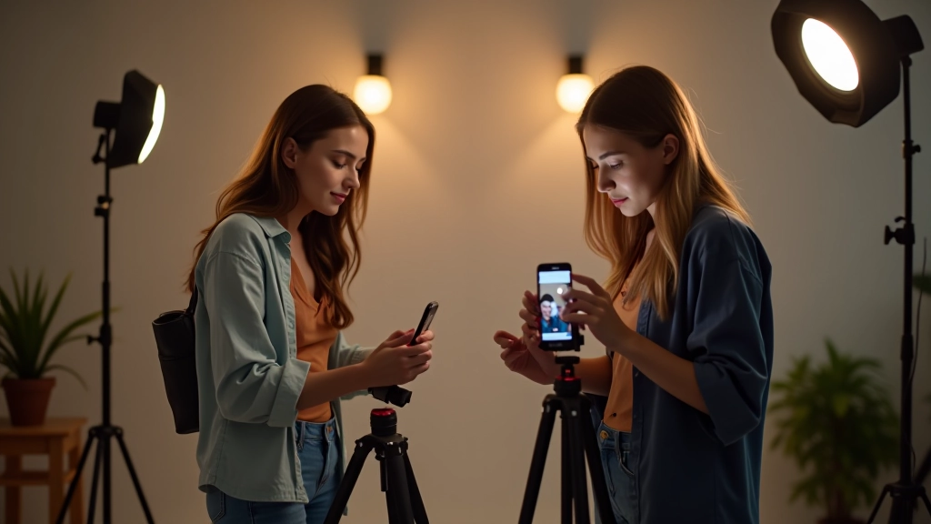 Fashion content creators filming TikTok videos in modern studio space with ring lights and smartphone tripods