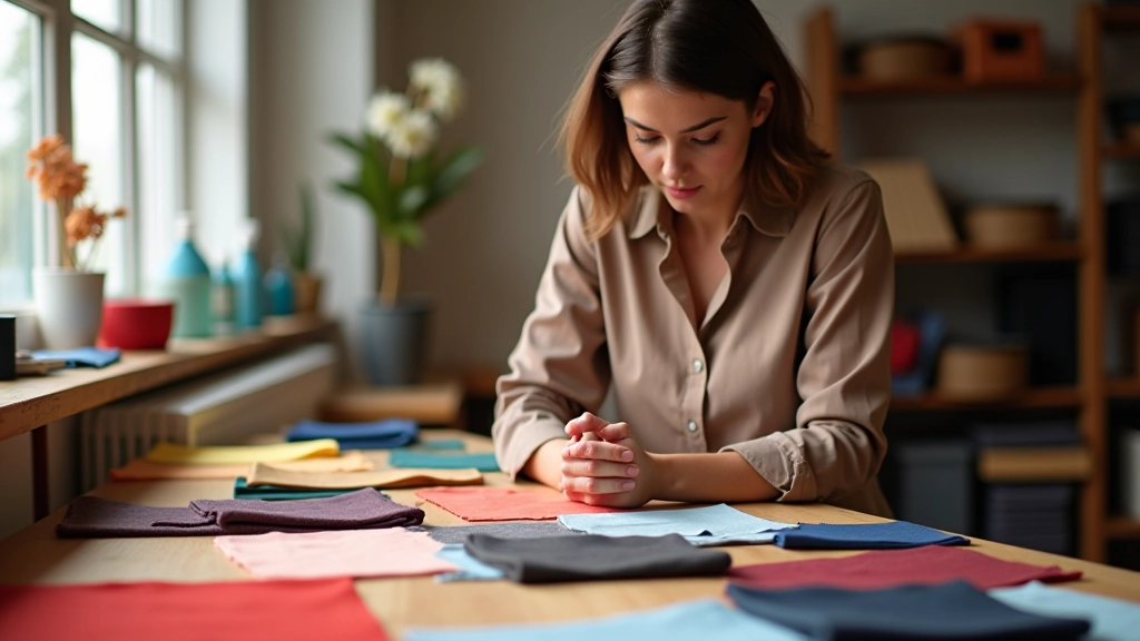 Fashion designer examining colorful fabric swatches and textile samples on wooden table