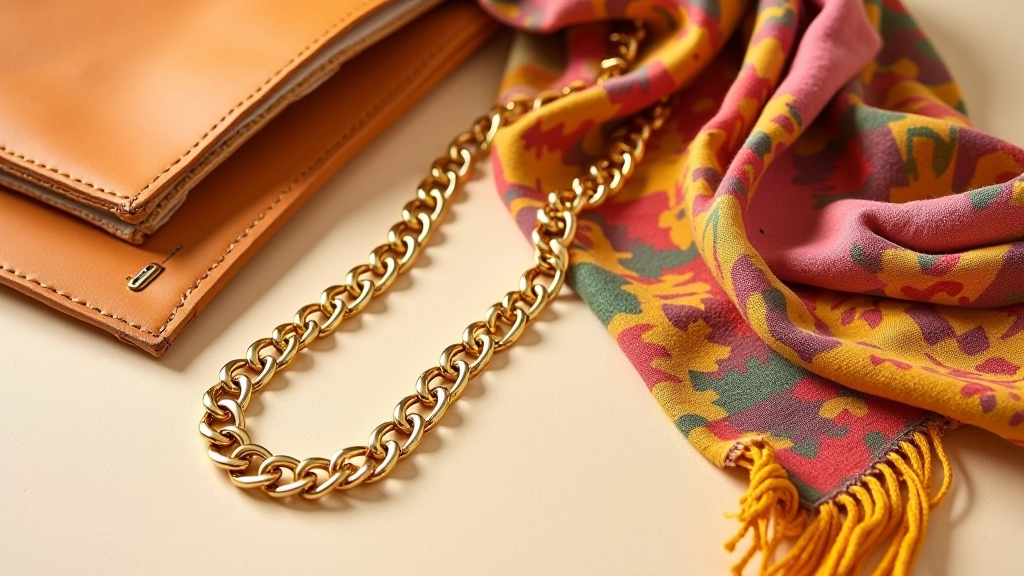Styled flat lay of gold jewelry, woven accessories, and decorative scarves arranged with neutral aesthetic showing texture and material details