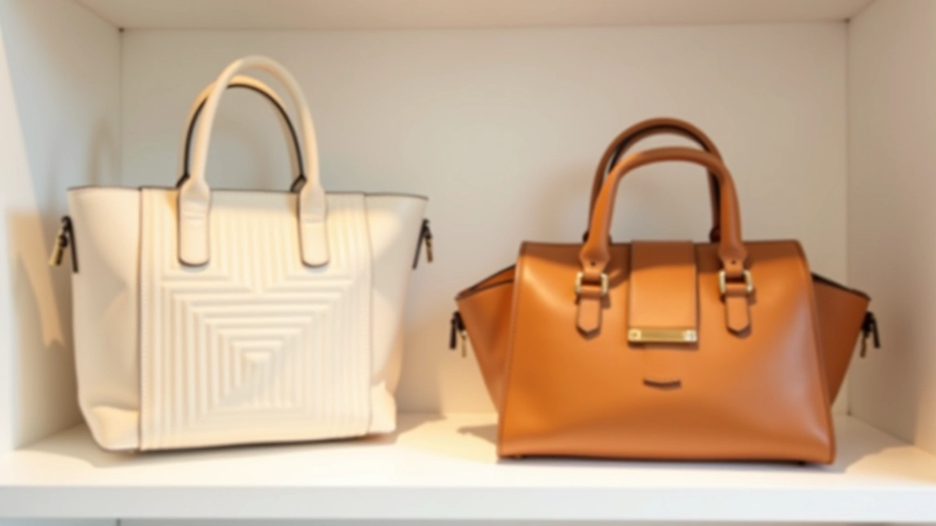 Close-up of structured leather handbags and totes in neutral tones displayed on shelf, showing quilted details and geometric stitching patterns