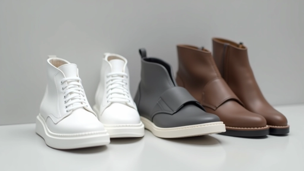 Assorted modern footwear including chunky white sneakers, minimalist loafers, and statement boots arranged on neutral surface with styling accessories