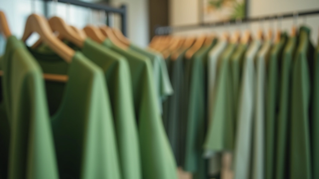 Sage green fabric textures and clothing items hanging on modern retail racks with soft natural lighting