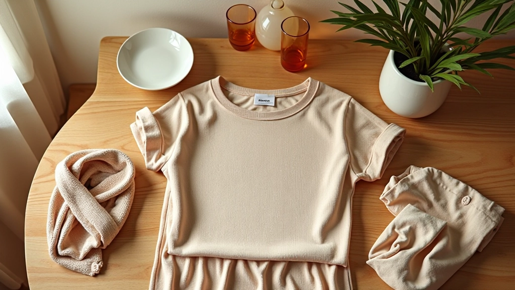 Flat lay arrangement of sustainable fashion items, organic fabrics, and eco-friendly accessories on wooden surface