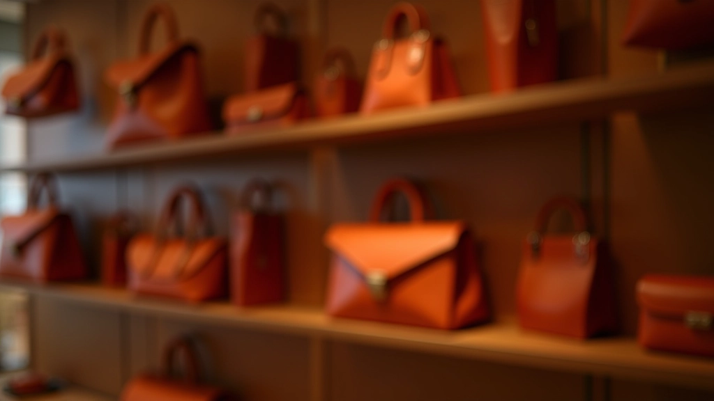 Terracotta-colored leather bags and accessories displayed on wooden shelves in modern boutique setting