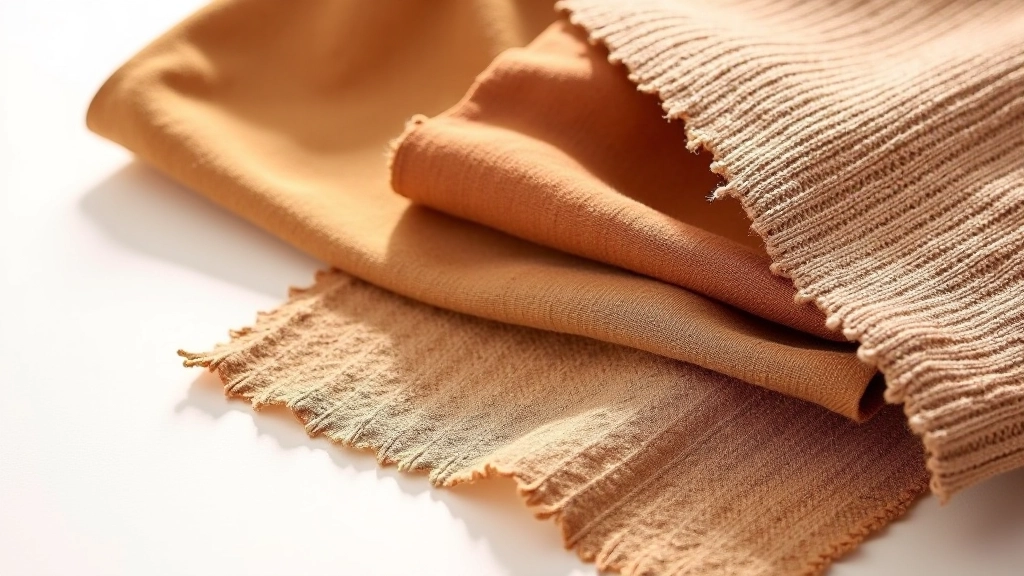 Knitted and woven fabric swatches showing texture variations in earthy tones