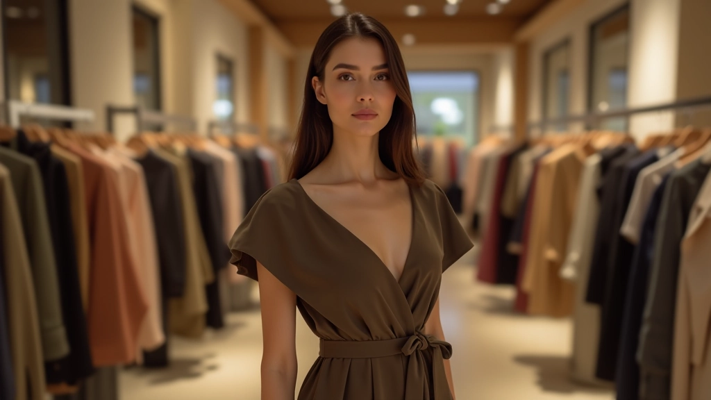 Model wearing asymmetrical dress with uneven hemline and draped sleeve detail