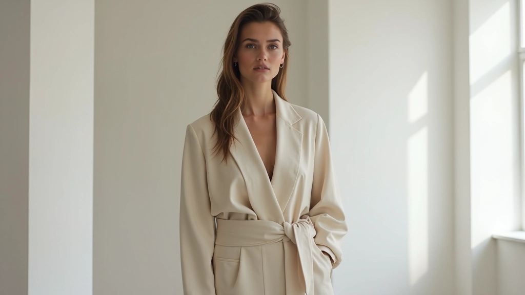 Close-up of oversized linen blazer with tailored details and high-waisted trousers in neutral tones