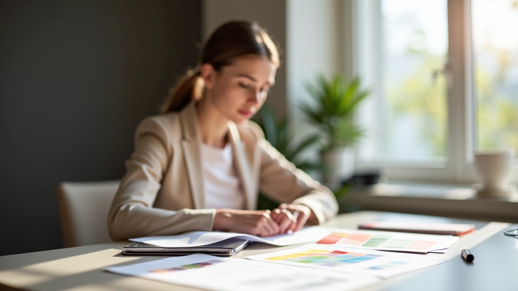 Fashion analyst reviewing trend reports and colour swatches at workspace, professional office setting with design materials, natural lighting