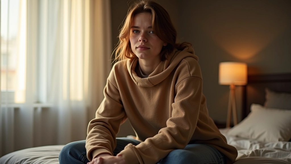 Young person in casual bedroom setting wearing comfortable layered outfit, natural unfiltered lighting, candid moment