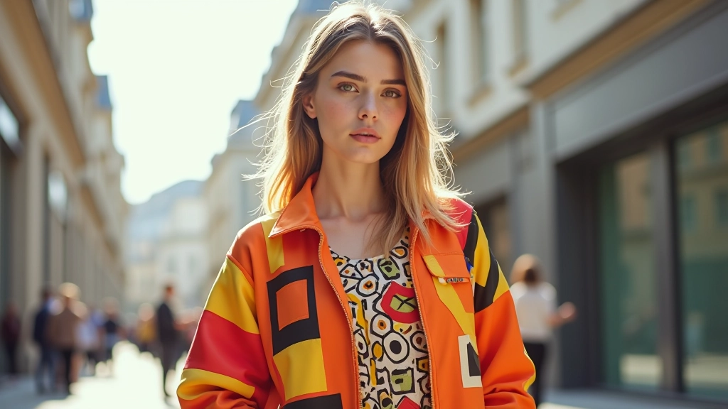 Young person wearing maximalist outfit with bold geometric patterns, oversized blazer, and statement accessories in vibrant colors