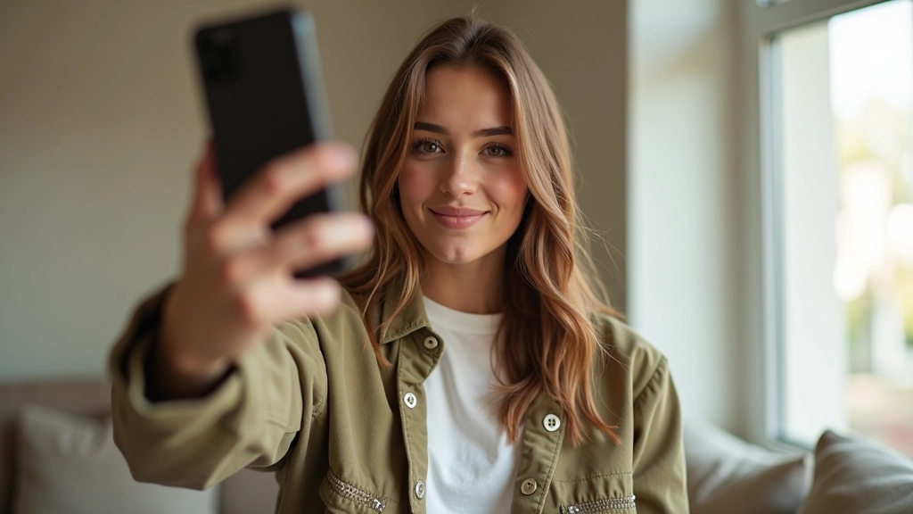 Young person taking selfie with fashionable outfit, social media style moment showing Turkish youth fashion trends